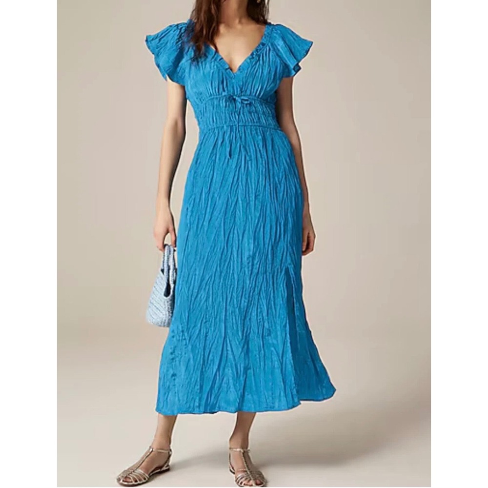 New J.Crew Blue Crinkle Satin Smocked Waist Flutter Sleeve Midi Dress XXL